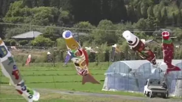 田んぼの上をそよそよと…　日南市で小学生が自作のこいのぼりを掲揚