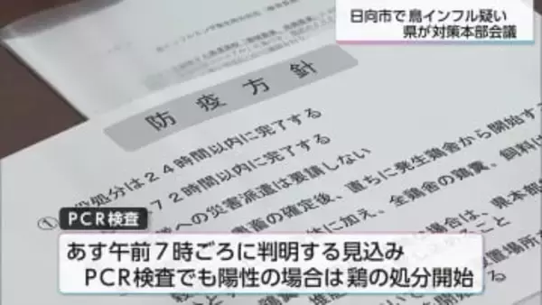 宮崎県内では今シーズン初　日向市の農場で鳥インフルエンザ疑いの鶏確認