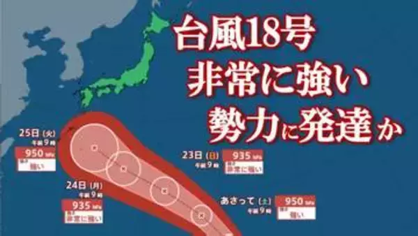 【台風情報】台風18号（ソウデル）　23日には935 hPa、最大瞬間風速65 m/s　非常に強い勢力に発達して小笠原近海に接近か　【進路予想・雨と風のシミュレーション】