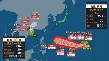 【台風情報】　台風10号が発生　台風9号は915 hPa、猛烈な勢力に発達の見込み　【ダブル台風の進路予想・雨と風のシミュレーション】