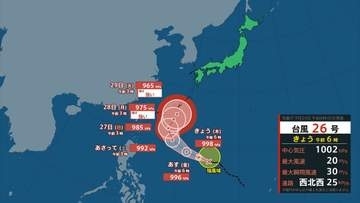 【台風情報】　台風26号が発生　29日には強い勢力で沖縄の南に接近か　中心気圧965 hPa、最大瞬間風速55 m/sの見通し　【進路予想・雨と風のシミュレーション】