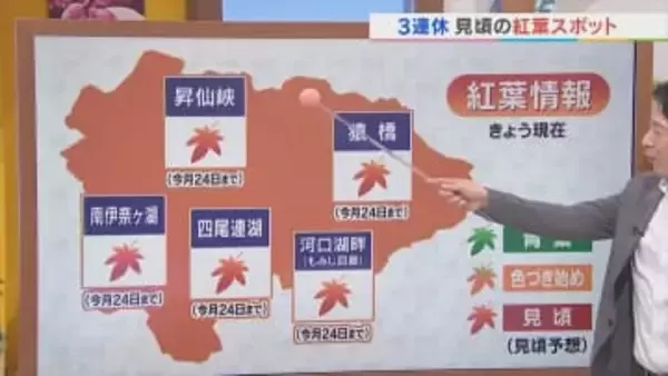 3連休は紅葉狩りのラストチャンス　晴れて日に日に気温が上昇　月曜日が最も暖かく火曜日は雨に　米津龍一気象予報士が解説　山梨