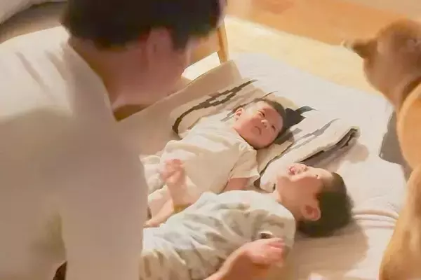 パパが赤ちゃんたちと遊んだ結果→なぜか犬が『自分のベッド』を運んできて…あまりにも愛おしい光景に「多分、これで寝なよって言ってる」の声