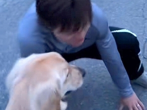 散歩中、カラス避けを怖がる犬→パパが戦い方のお手本を見せて…シュールすぎる『まさかの光景』が16万再生「犬よりも犬してて草」「動きは猿」