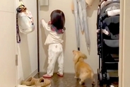 出張からパパが帰宅→小さな女の子と犬が玄関で待ち構えて…泣けるほど幸せな『尊い光景』が558万表示「熱烈歓迎」「早送りみたいｗ」と絶賛