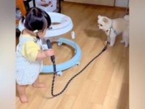 小さい女の子が、家の中で『犬のお散歩』をした結果→おぼつかない足取りで…涙が出るほど『尊い光景』に絶賛「癒やされた」「考えてて偉い」