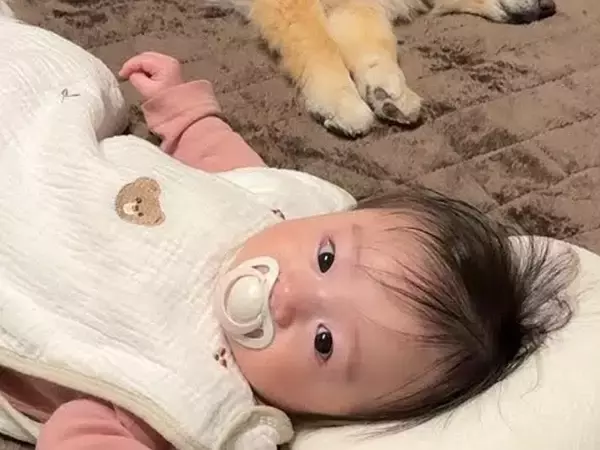 『赤ちゃんの寝かしつけ』に途中参加してきた犬→思っていたのと違う『まさかの光景』が7万再生「なんて可愛い」「心が和んだ」「幸せな時間」