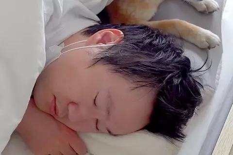 体調を崩してしまったパパ→異変に気付いた犬が、ベッドまで様子を見に来て…愛に溢れた『看病の様子』に反響「神対応」「優しく寄り添って…」
