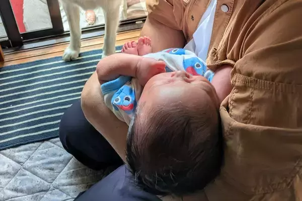 実家に連れて帰った赤ちゃんが泣いた結果→犬が『大丈夫なん？』と近づいて…様々な感情が詰まった『表情』に4万いいね「たまらん」「可愛い一枚」