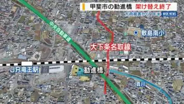 「豪雨で護岸崩落…通行止め続いた橋が1年半ぶり通行再開 復旧工事が完了 山梨・甲斐市」の画像