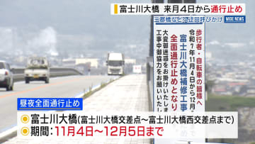 富士川大橋 来月4日から全面通行止め 耐震補強工事のため 三郡橋などへ迂回呼びかけ 山梨