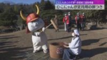 【迎春準備】「ひこにゃん」が正月用餅つきのお手伝い　観光客にきな粉餅のおもてなしも　国宝・彦根城