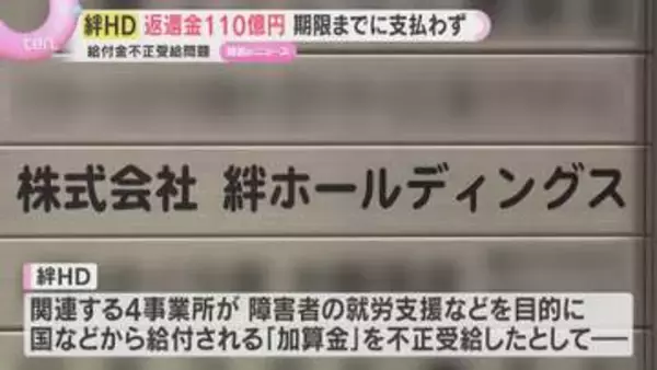 給付金不正受給問題「絆ホールディングス」返還金110億円期限までに支払わず　大阪市督促状送る方針