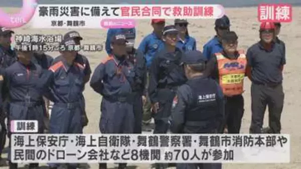 ドローンから救命浮き輪投下　豪雨災害に備え救助訓練　海自や海保ら官民約70人が連携　京都・舞鶴市