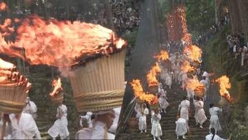 【映像美】神々を迎える壮麗な炎　熊野那智大社『那智の扇祭り』50キロ超の大松明が夏空を焦がす