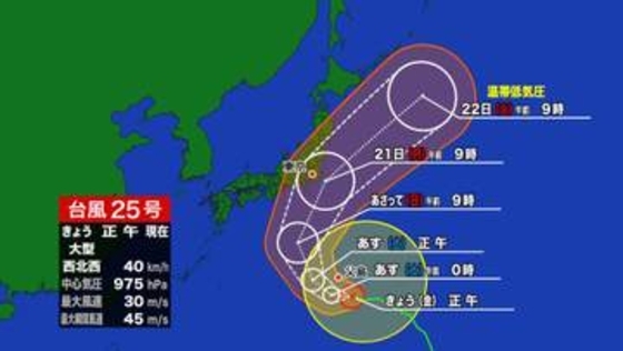 【要警戒】大型の台風25号　21（月）の朝には関東の沿岸へ　近畿地方でも海上でうねりが高くなる見込み