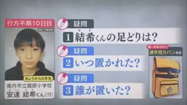 「京都・男児行方不明に3つの疑問　大規模捜索で見つからなかった通学用カバン　置いたのはいつ、誰が？」の画像