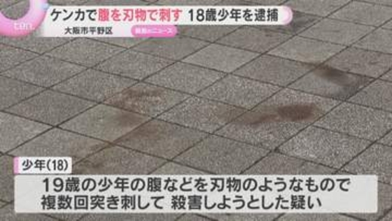 公園でケンカになり19歳少年の腹を刃物で刺したか　殺人未遂事件で18歳少年逮捕　大阪・平野区
