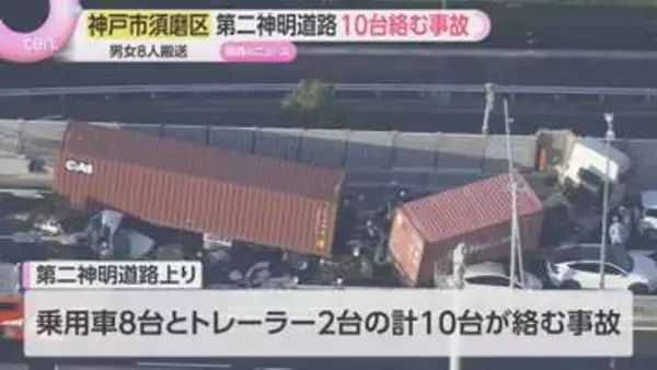 【続報】8人搬送・50代男性重傷　第二神明でトレーラー含む10台絡む事故　上り線通行止め続く