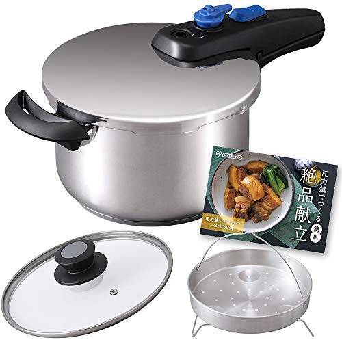 アイリスオーヤマ 圧力鍋 片手鍋 5L セット IH対応 3層底 切り替え式 レシピ付き スライド開閉 圧力2段切替 安全ロック機能 (60品目の レシピブック 鍋 圧力蓋 中かご ガラス蓋) KAR-5LS シルバー