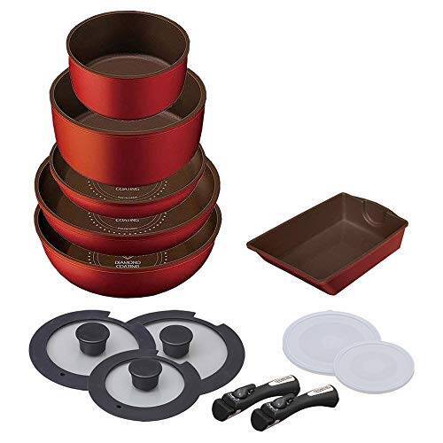 アイリスオーヤマ 「ダイヤモンドコートパン」 オレンジ 13点セット IH対応 取っ手のとれる フライパン 鍋 セット H-ISSE13P