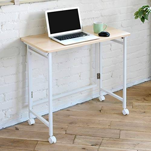 [山善] 折りたたみデスク 傷・汚れ・水分・熱に強い天板 コンパクト (幅80×奥行40×高さ74cm) ストッパー付きキャスター パソコンデスク 完成品 ウッドナチュラル RPSTC8040HWNWH2 テレワーク