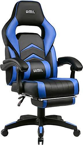 [Amazonブランド] Umi.(ウミ) ゲーミングチェア オフィスチェア オットマン フットレスト 多機能 ゲーム用チェア リクライニング パソコンチェア ハイバック ランバーサポート PUレザー ひじ掛け付き (ブルー)