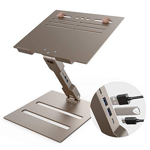 【3in1ハブ付き】 EURPMASK ノートPCスタンド【目線上がり 安定性 2*USB3.0ポートとUSB-Cポート付きノートパソコンスタンド アルミ合金素材 一本アーム約22.3cm 折りたたみ式 パソコン台 高さ調整 角度調整 PCスタンド HUB付き ラップトップスタンド リモートワークや在宅勤務に適応 17インチまでノートPCに適合する