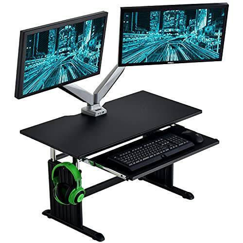 CYBER-GROUND ゲーミングデスク ローデスク 昇降式 幅90cm スライド式 キーボードラック ロータイプ 無段階高さ調節 モニターアーム対応 パソコンデスク PCデスク 56800010 00 (69763)