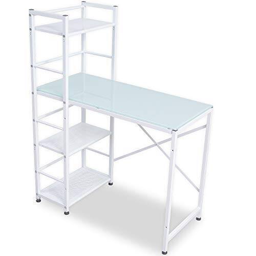 LOWYA ロウヤ デスク パソコンデスク 収納ラック付 左右対応 角丸天板 幅90cm ガラス天板 ホワイト 新生活