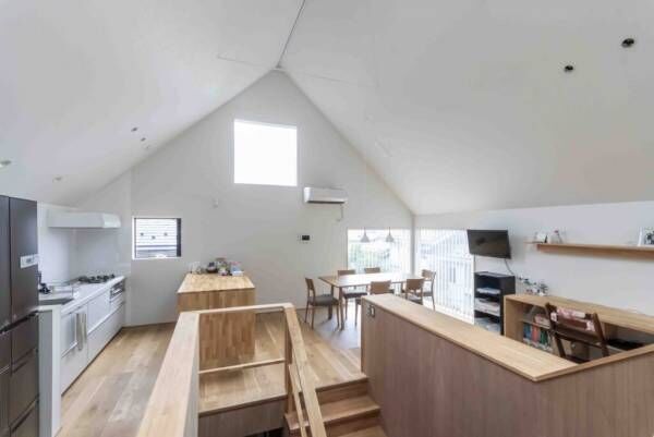 屋根形状とレベル差を活用　家族がゆるやかにつながる屋根裏のような居住空間