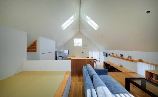 屋根形状とレベル差を活用　家族がゆるやかにつながる屋根裏のような居住空間