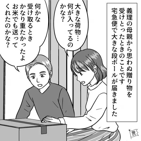 義母から届いた重い段ボール…⇒「こんなにたくさんどうしよう…」お米の下に包まれていた“大量のもの”の使い道に困惑…！？【漫画】