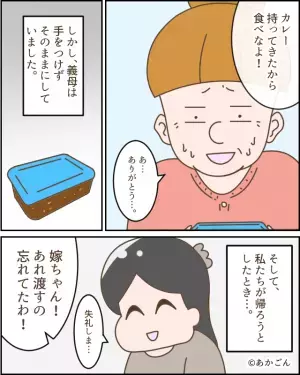 夫の勧めで義母に【カレーをお裾分け】すると…「容器は返すわね」ビニール袋にカレーを移された！？⇒それを見た“夫の反応”もイラッ！