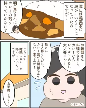 夫の勧めで義母に【カレーをお裾分け】すると…「容器は返すわね」ビニール袋にカレーを移された！？⇒それを見た“夫の反応”もイラッ！
