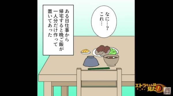 仕事から帰宅すると…「なに…？これ…」”心当たりのない夕食”が机の上に。夫も心当たりがない様子で…→次の瞬間、料理を手に取り【まさかの行動】に出る！【漫画】