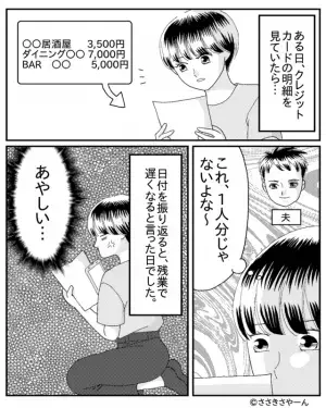 クレジットカードの明細に違和感…？夫が使ったようだが「一人分じゃないよな…」⇒入浴中に、スマホを確認した結果…