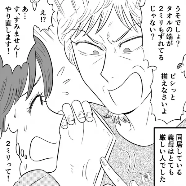 「タオルの端が2ミリもズレてるじゃない！」嫁イビりをする義母に呆れ果てる嫁。しかし、夫と義父はそれを見ても黙っているだけで…