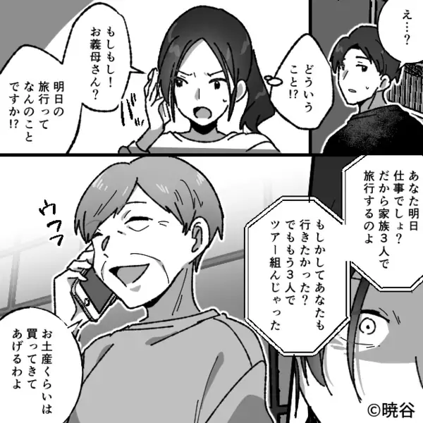 嫁は除外で、義母が旅行ツアーを予約。夫も知らんぷり！？出発前日⇒妻「ねぇ…」告げた言葉に…夫は顔面蒼白！？