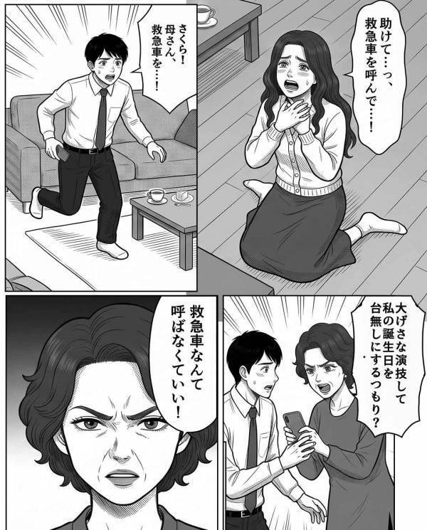 嫁がアレルギーで呼吸困難…義母が救急車を“お断り”！？しかし数日後⇒親族30人の前で「な、なにを…！」涙と汗が止まらず…！？