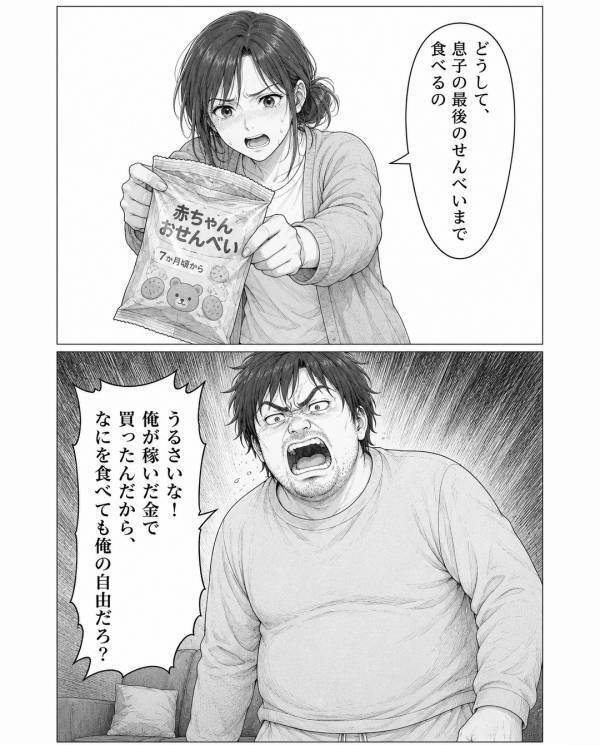 「俺が稼いだ金だから」と【赤ちゃんせんべい】まで食い尽くす夫！さらに「大食いは…」⇒義母の言い分に…絶句！？