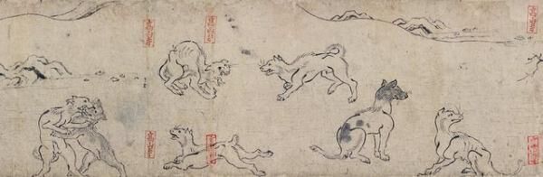 【乙巻】甲巻と同様に動物が描かれているものの、乙巻では擬人化されておらず、じゃれ合う犬同士の姿などが、詳細に描写されている。また、別の場面では獅子や麒麟などの霊獣が描かれているのも、この巻の特徴。