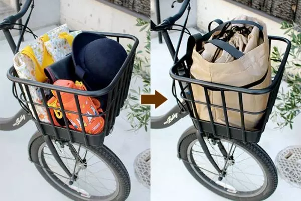 自転車でのまとめ買いが余裕！13cmも伸びる「前カゴフィットエコバッグ」