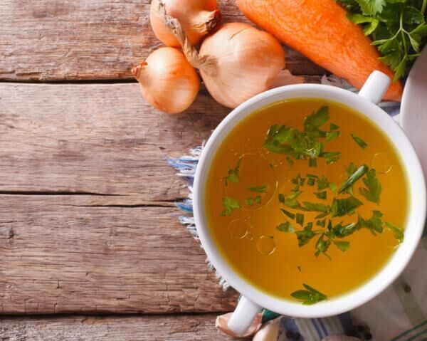 Country Food: chicken soup and ingredients top view