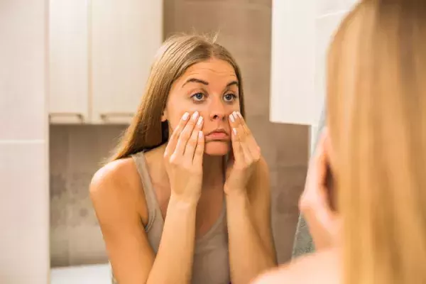 鏡で顔を確認する女性