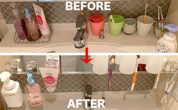 100均アイテムだけでぜ〜んぶ吊り下げ収納！洗面所の掃除が劇的にラクになった♪