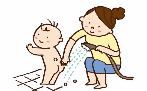 シャワーする赤ちゃんのイラスト