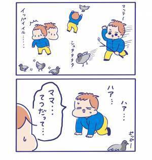 ハトVS息子。「待ってー！」と全力で追いかける姿に懐かしさを覚えて…