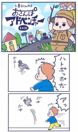 ハトVS息子。「待ってー！」と全力で追いかける姿に懐かしさを覚えて…
