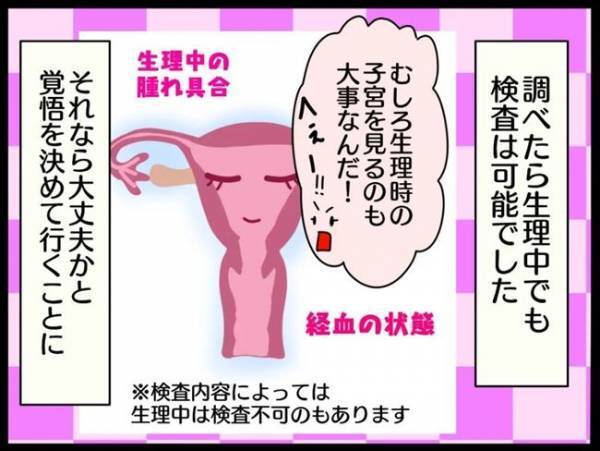＜謎の下腹部痛＞「生理中って内診できるのか！？」受診前、急に生理が！気になって調べてみると…